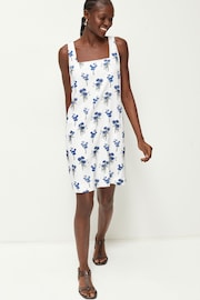 White/Blue Square Neck Shift Mini Dress With Linen - Image 2 of 7