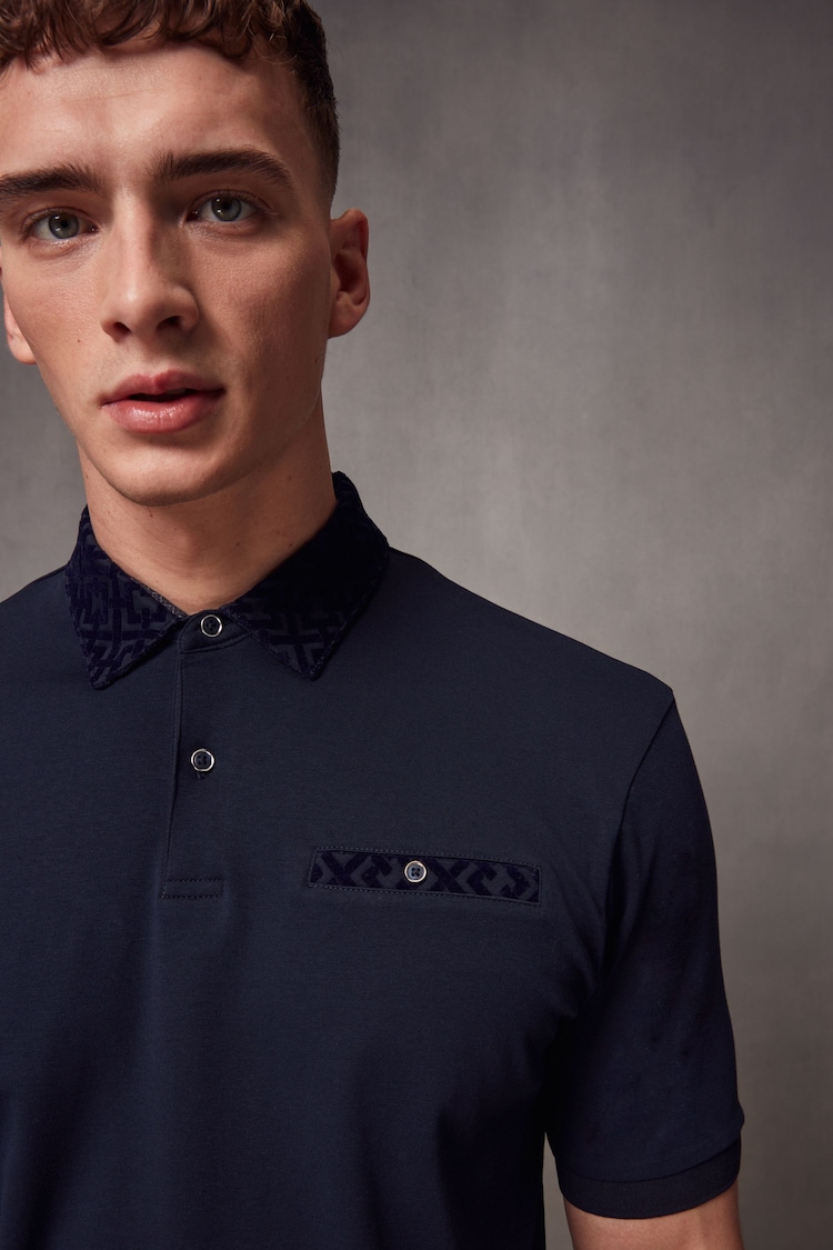 Navy Flocked Short Sleeve Smart Collar Polo Shirt - Image 1 of 7