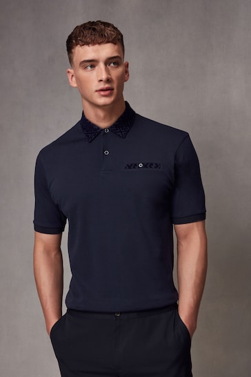 Navy Flocked Short Sleeve Smart Collar Polo Shirt