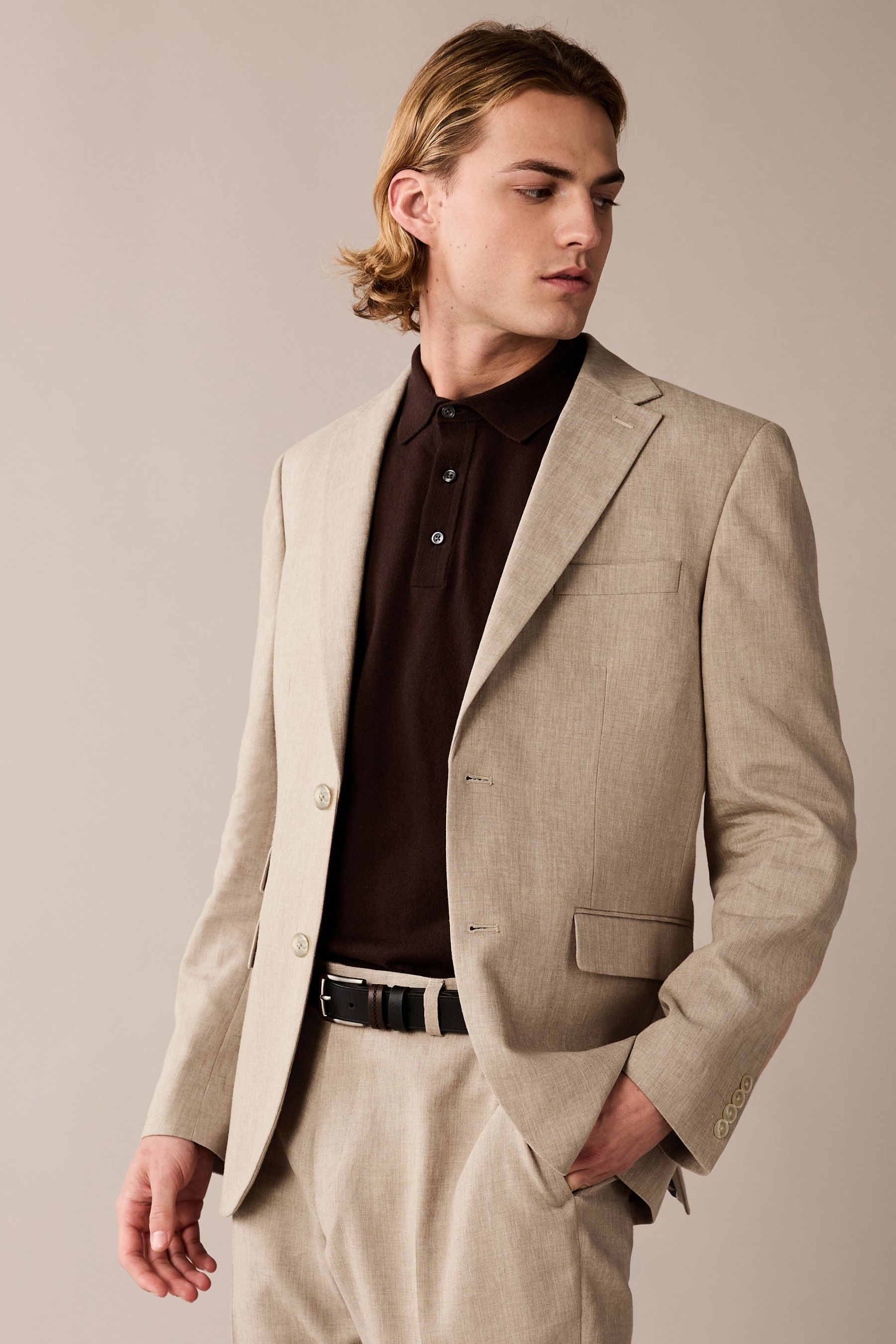 Buy Stone Linen Blend Tailored Fit Suit Jacket from Next Luxembourg