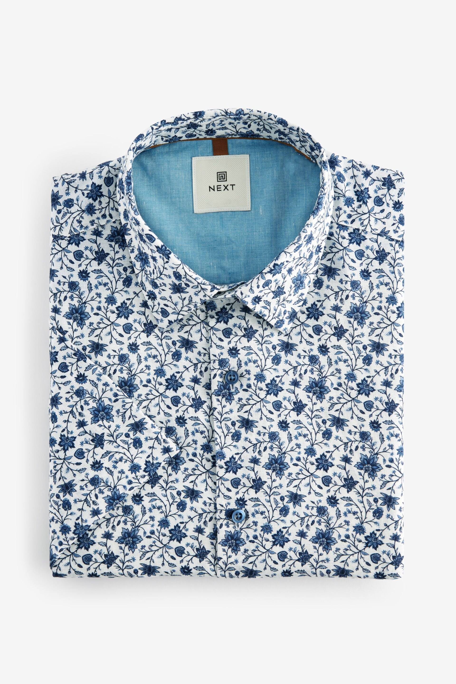White/Blue Floral Printed Linen Blend Shirt - Image 5 of 7