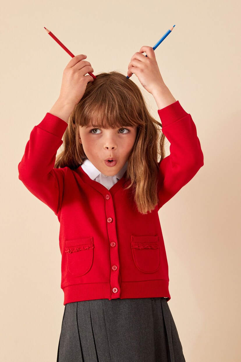 Red Cotton Rich Frill Pocket Jersey School Cardigan (3-16yrs) - Image 1 of 7