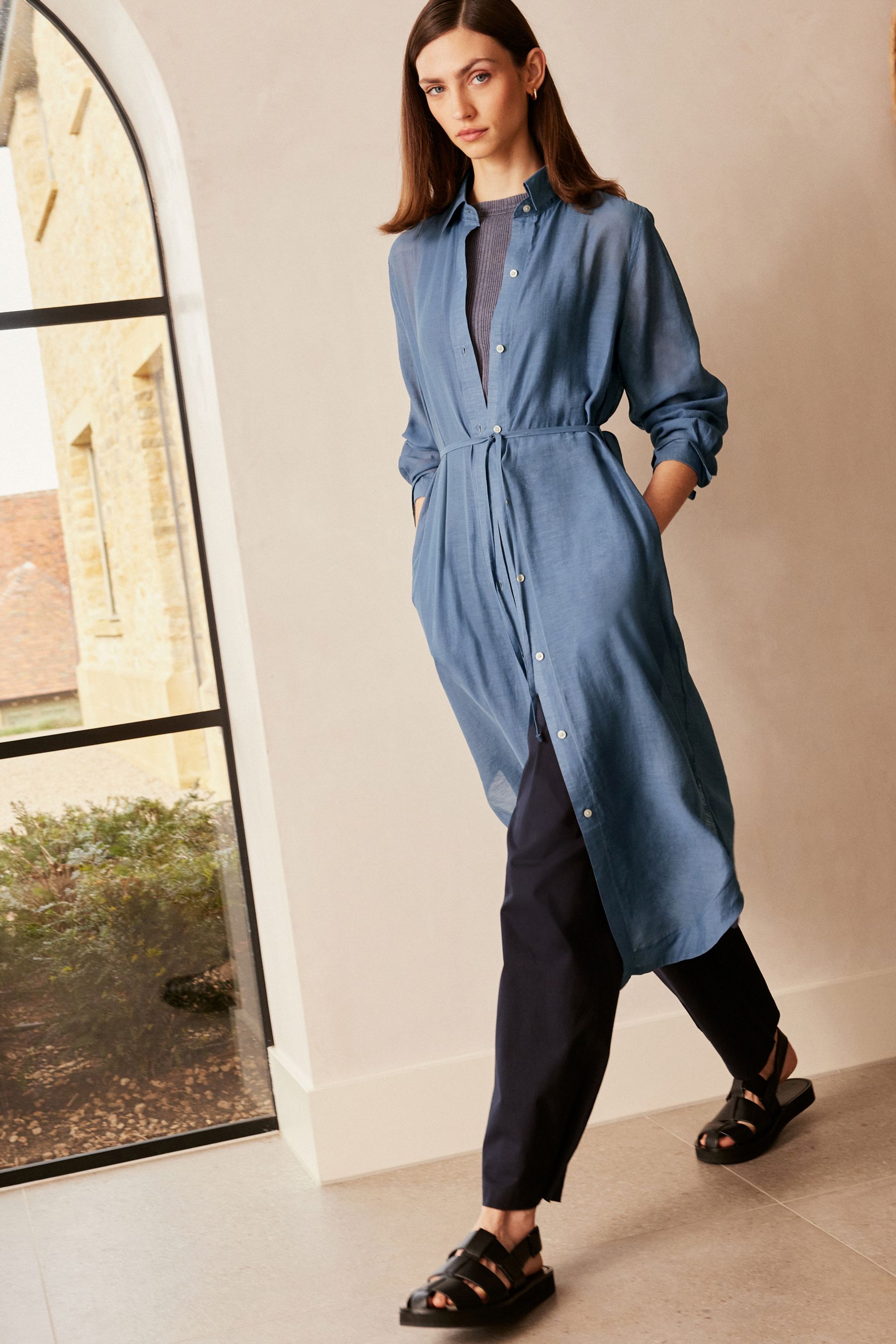 Buy Blue TENCEL Blend Belted Shirt Dress with Linen from Next Luxembourg