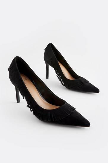 Black Forever Comfort Leather Fringe Court Shoes