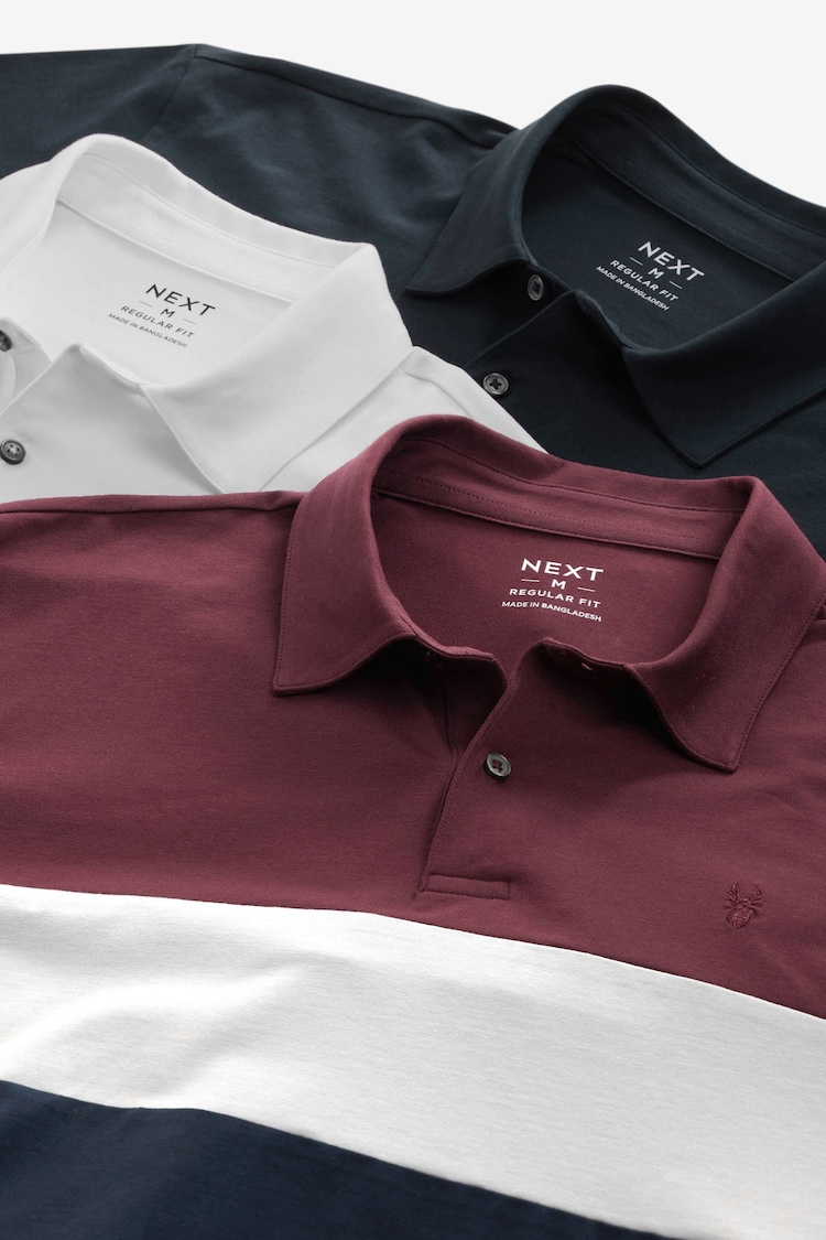 Navy & Tan/Burgundy & Navy/White Regular Fit Short Sleeve Jersey Polo Shirts 3 Pack - Image 2 of 14