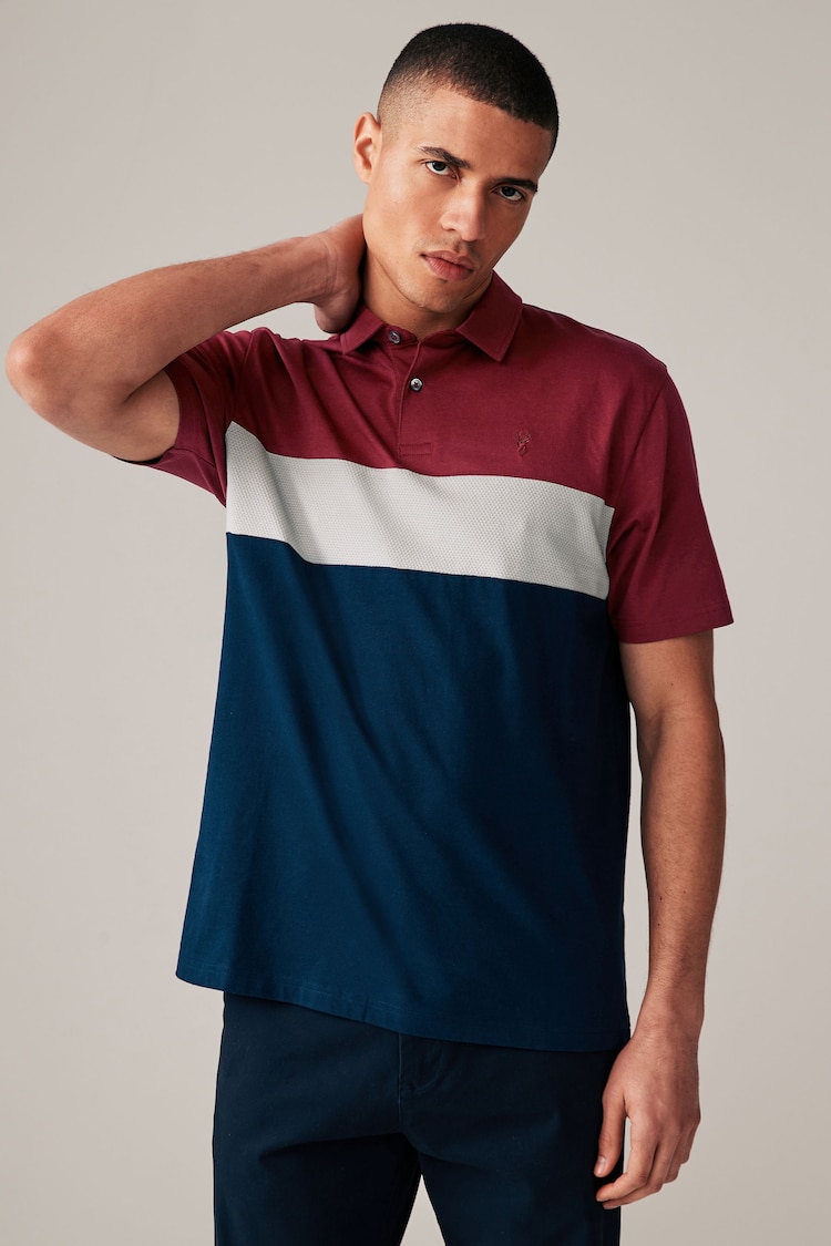 Burgundy Red/Navy Short Sleeve Button Up Block Polo Shirt - Image 3 of 8