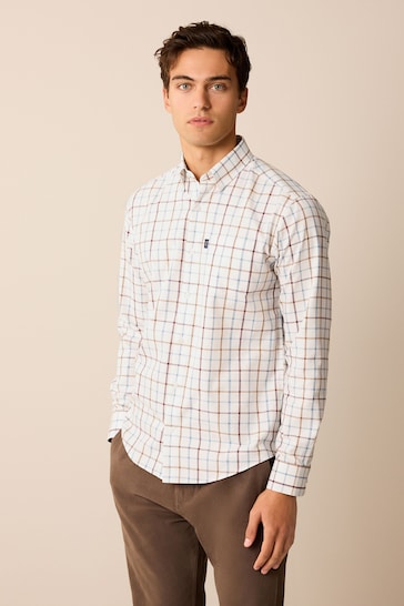 Ecru White/Blue Tattersall Regular Fit Easy Iron Button Down Oxford Shirt