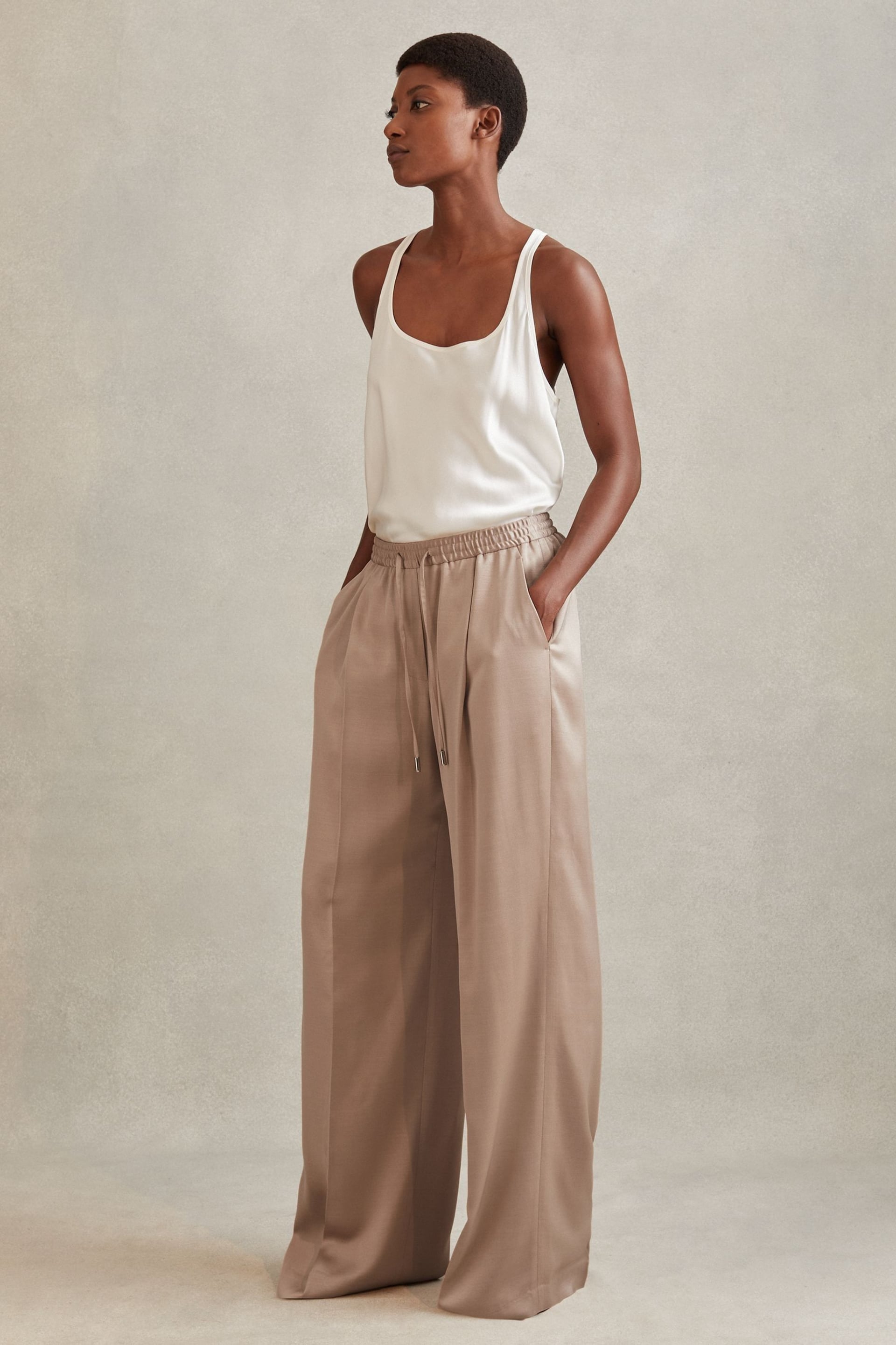 Reiss Gold Cole Satin Drawstring Wide Leg Trousers - Image 1 of 5