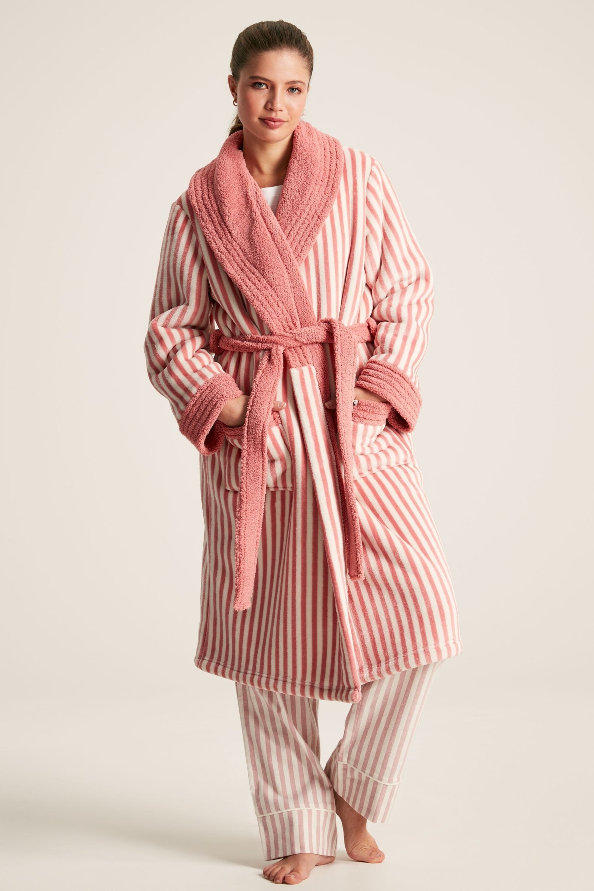 Joules Matilda Pink Fleece Lined Striped Dressing Gown - Image 1 of 6