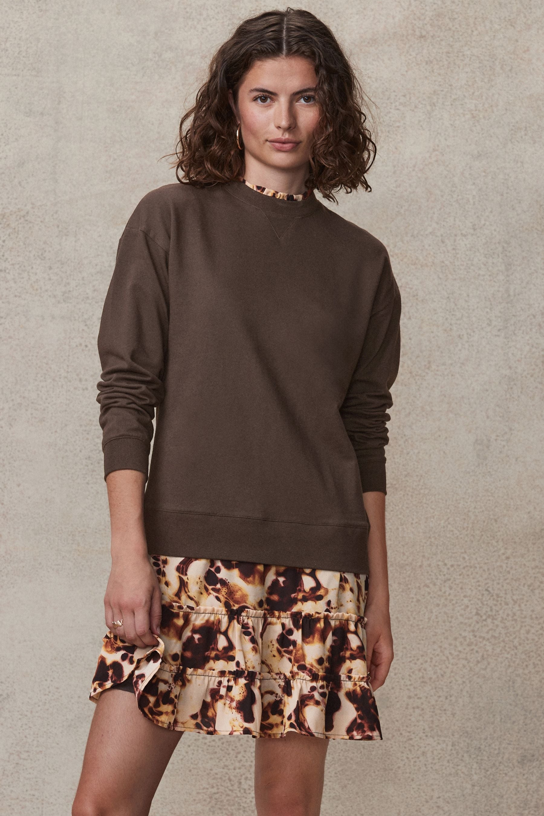 Buy Chocolate Brown Swirl Long Sleeve Printed Layered Sweatshirt Dress from Next Luxembourg