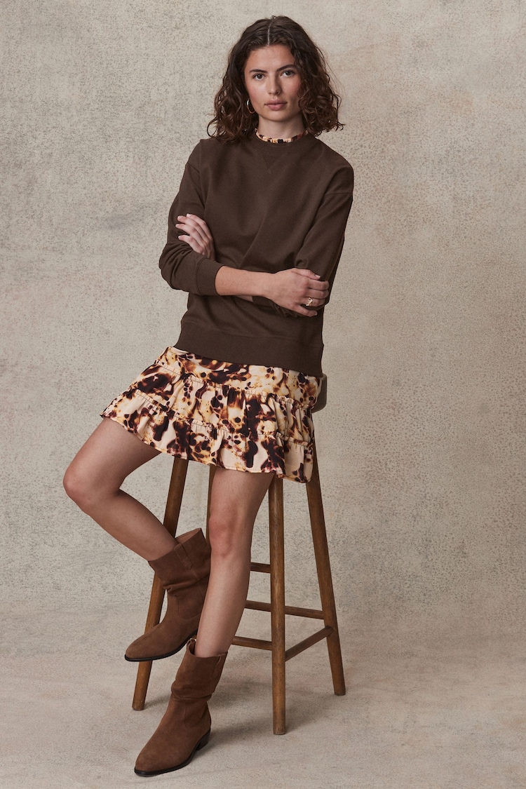 Chocolate Brown Swirl - Long Sleeve Printed Layered Sweatshirt Dress - 圖片 2，共 7