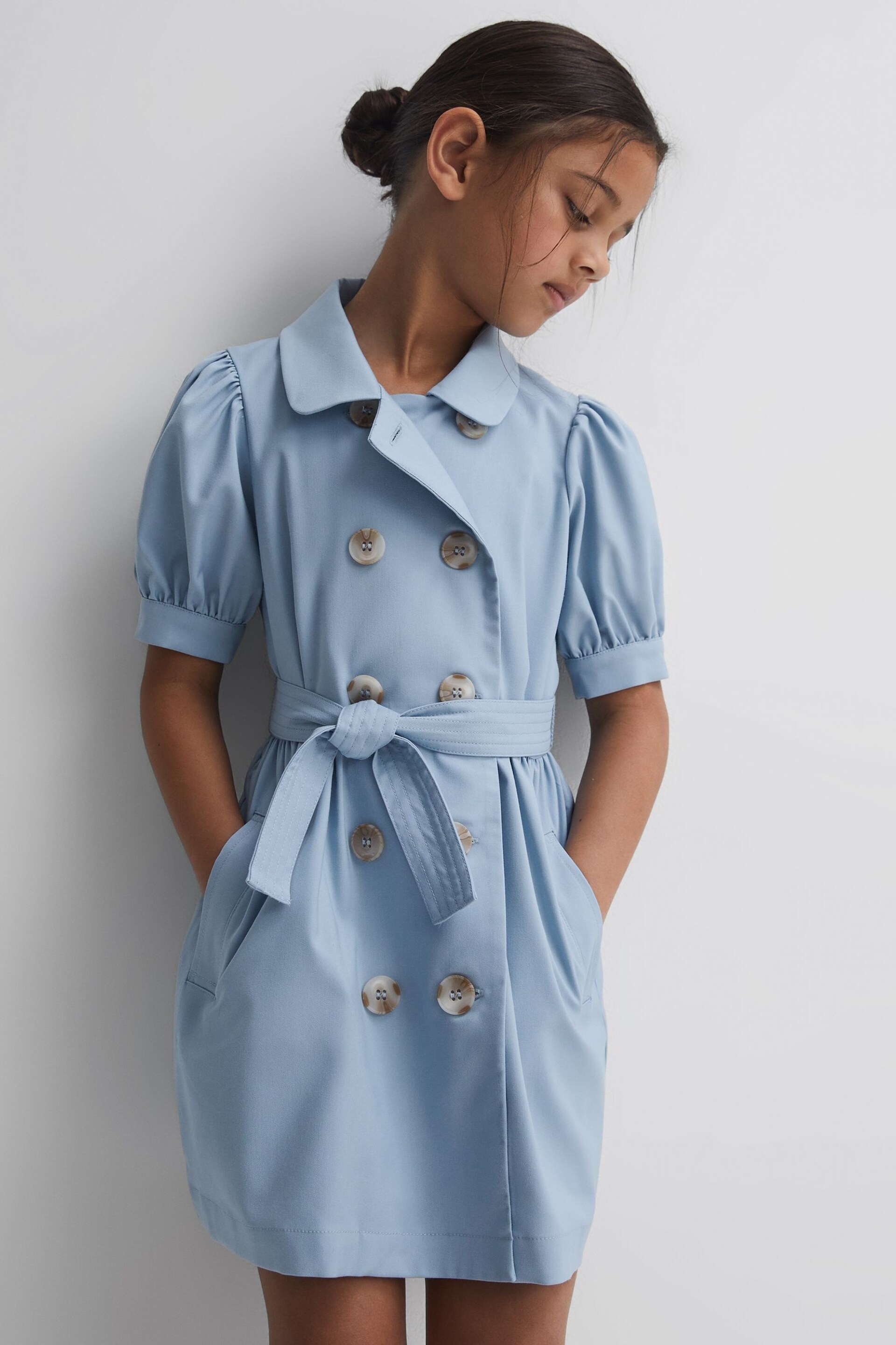 Reiss Blue Naomi Junior Puff Sleeve Belted Dress - Image 1 of 6