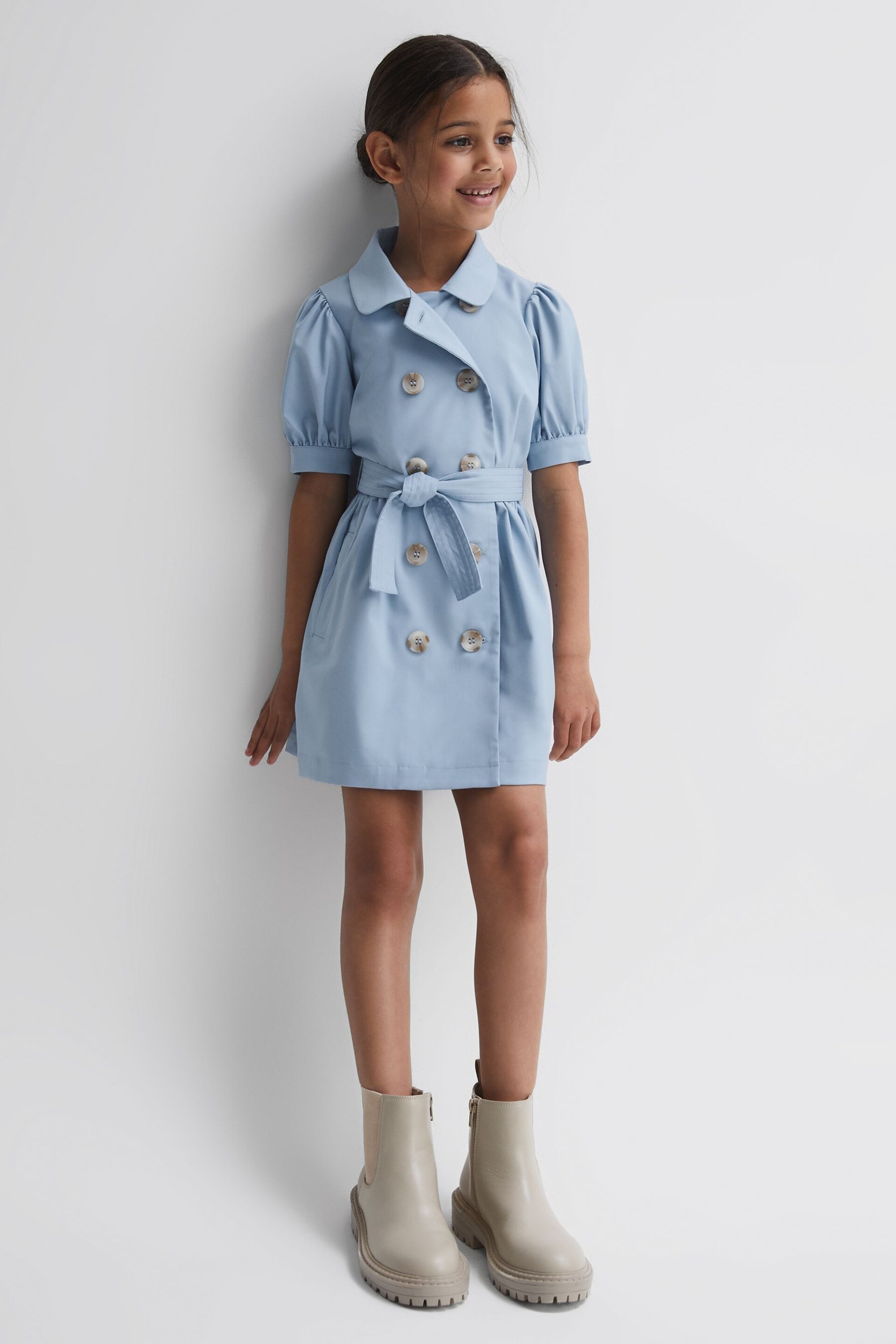 Reiss Blue Naomi Junior Puff Sleeve Belted Dress - Image 3 of 6