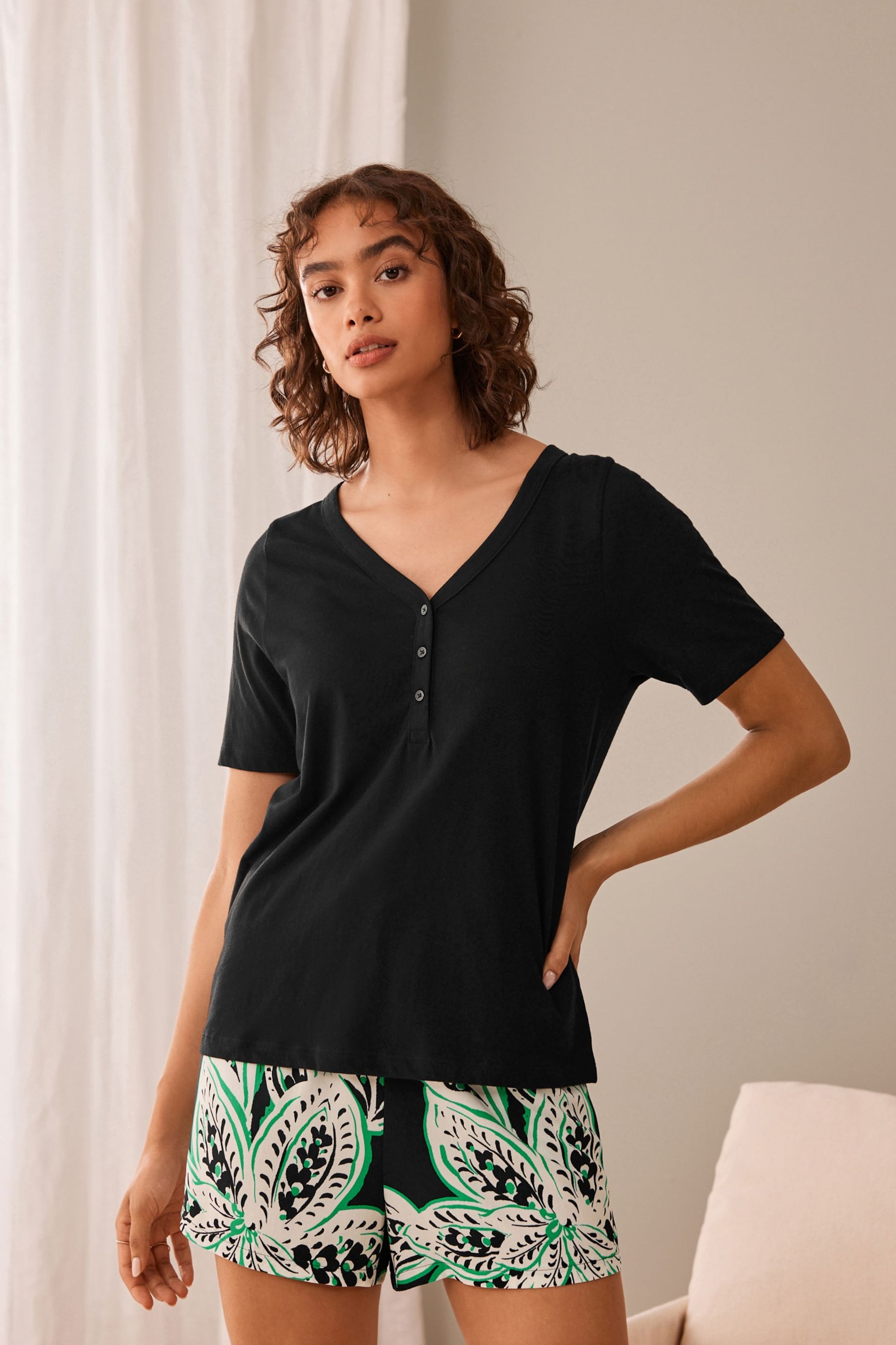Black Floral Cotton Short Sleeve Pyjamas - Image 2 of 9