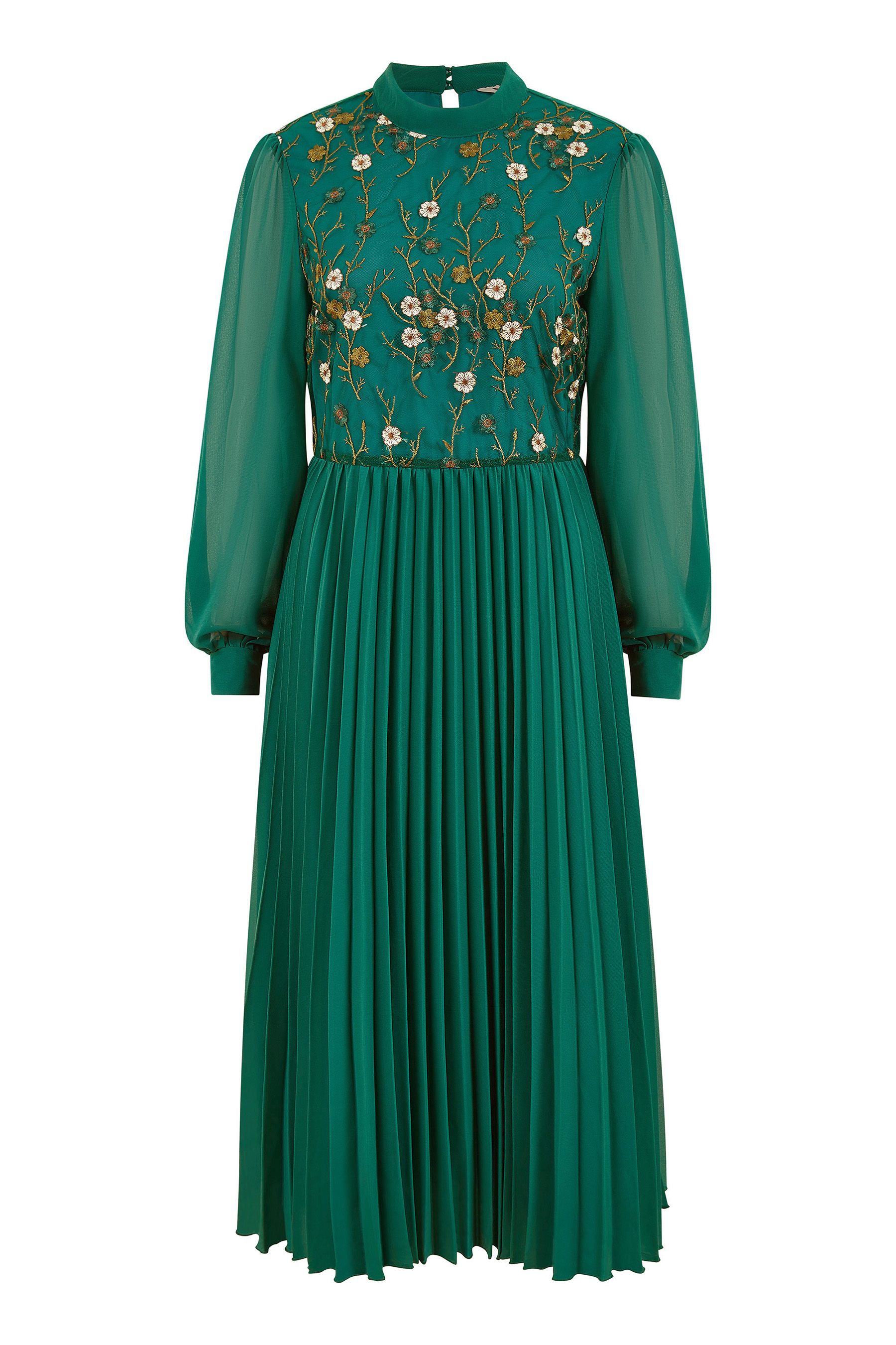 Buy Yumi Green Embroidered Long Sleeve Pleated Midi Dress from the Next UK online shop