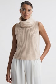 Reiss Neutral Kasha Wool-Cashmere Sleeveless Removable Roll Neck Vest - Image 1 of 7