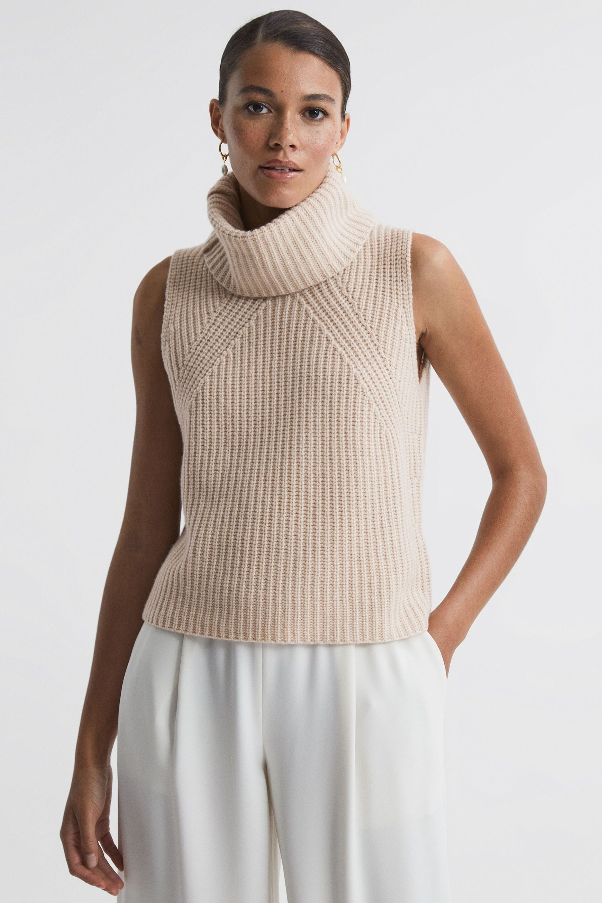 Reiss Neutral Kasha Wool-Cashmere Sleeveless Removable Roll Neck Vest - Image 1 of 7