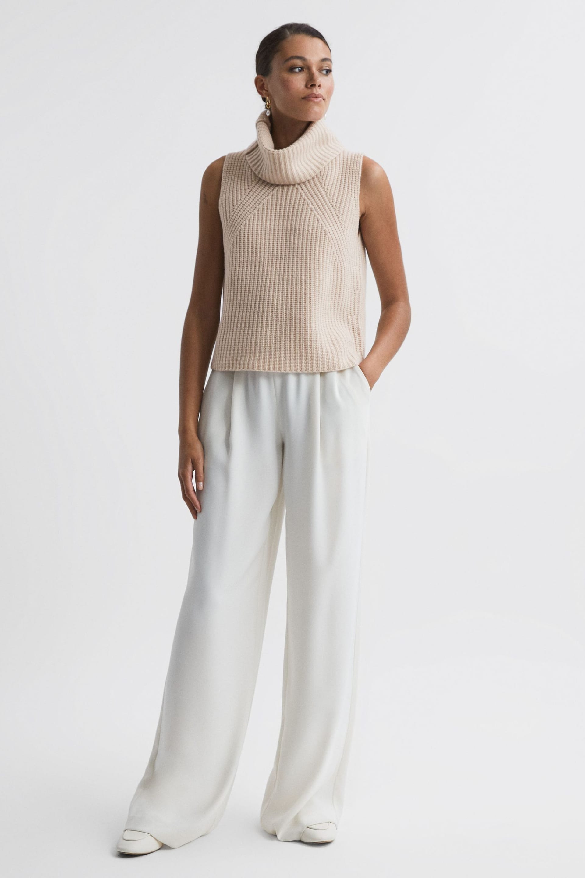 Reiss Neutral Kasha Wool-Cashmere Sleeveless Removable Roll Neck Vest - Image 4 of 7