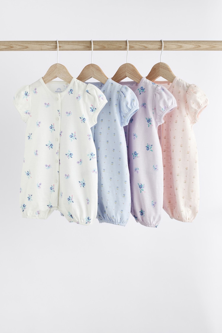 Pink/ Blue Floral Baby 100% Cotton Rompers 4 Pack - Image 1 of 11