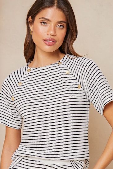 Lipsy White Navy Blue Stripe Crochet Button Short Sleeves Round Neck T-Shirt
