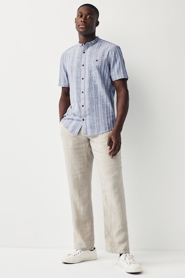 Blue Grandad Collar Textured Stripe Short Sleeve Shirt With Grandad Collar