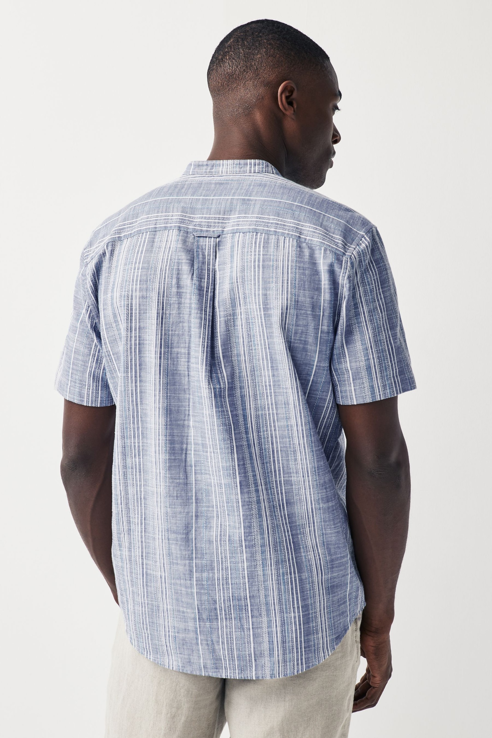 Blue Grandad Collar Textured Stripe Short Sleeve Shirt With Grandad Collar - Image 3 of 7