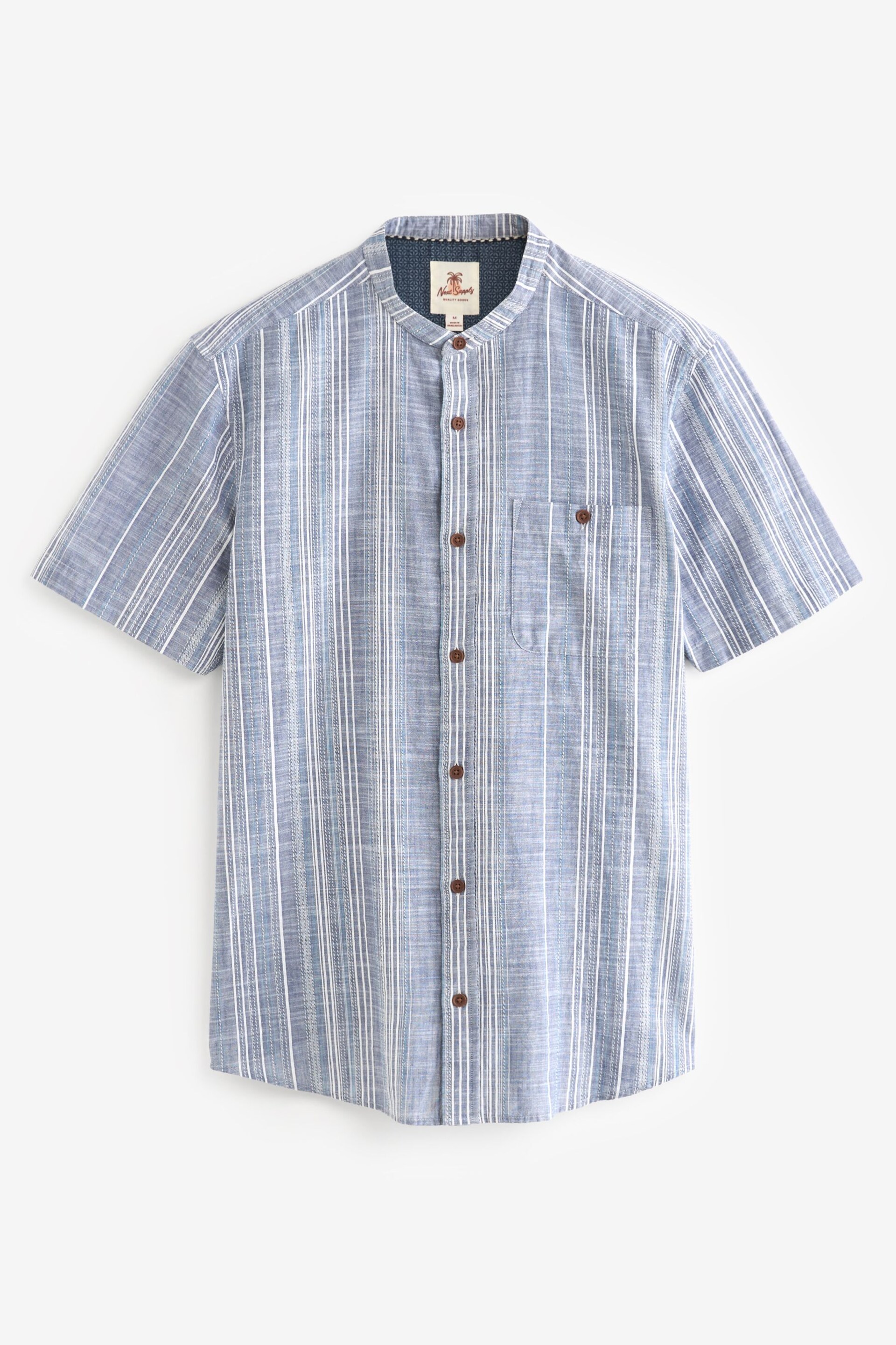 Blue Grandad Collar Textured Stripe Short Sleeve Shirt With Grandad Collar - Image 5 of 7