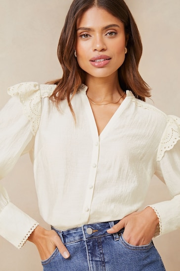 Lipsy White Broderie Ruffle Detail Blouse
