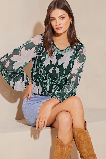 Lipsy Green Round Neck Printed Long Sleeve Blouse