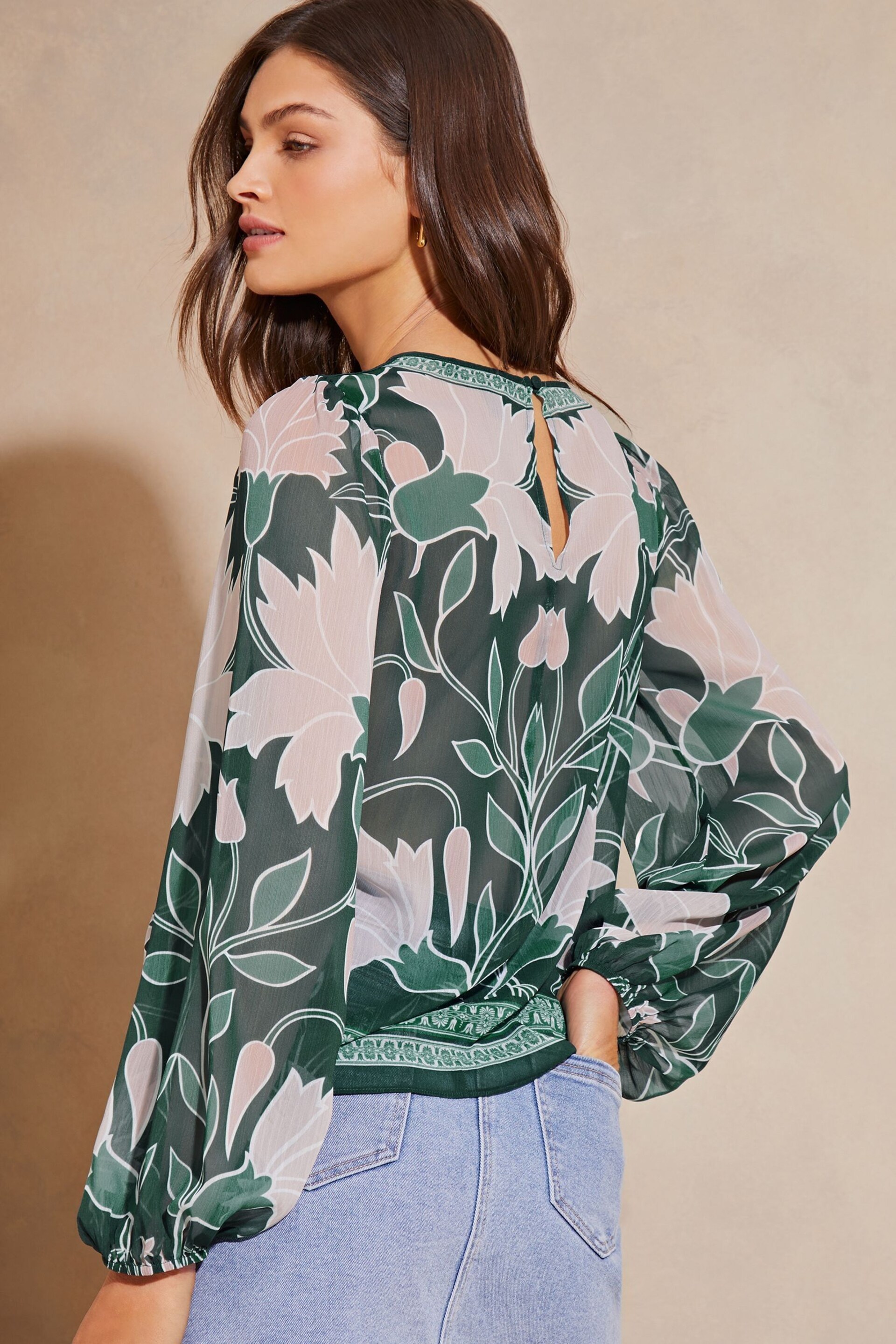 Lipsy Green Round Neck Printed Long Sleeve Blouse - Image 2 of 4
