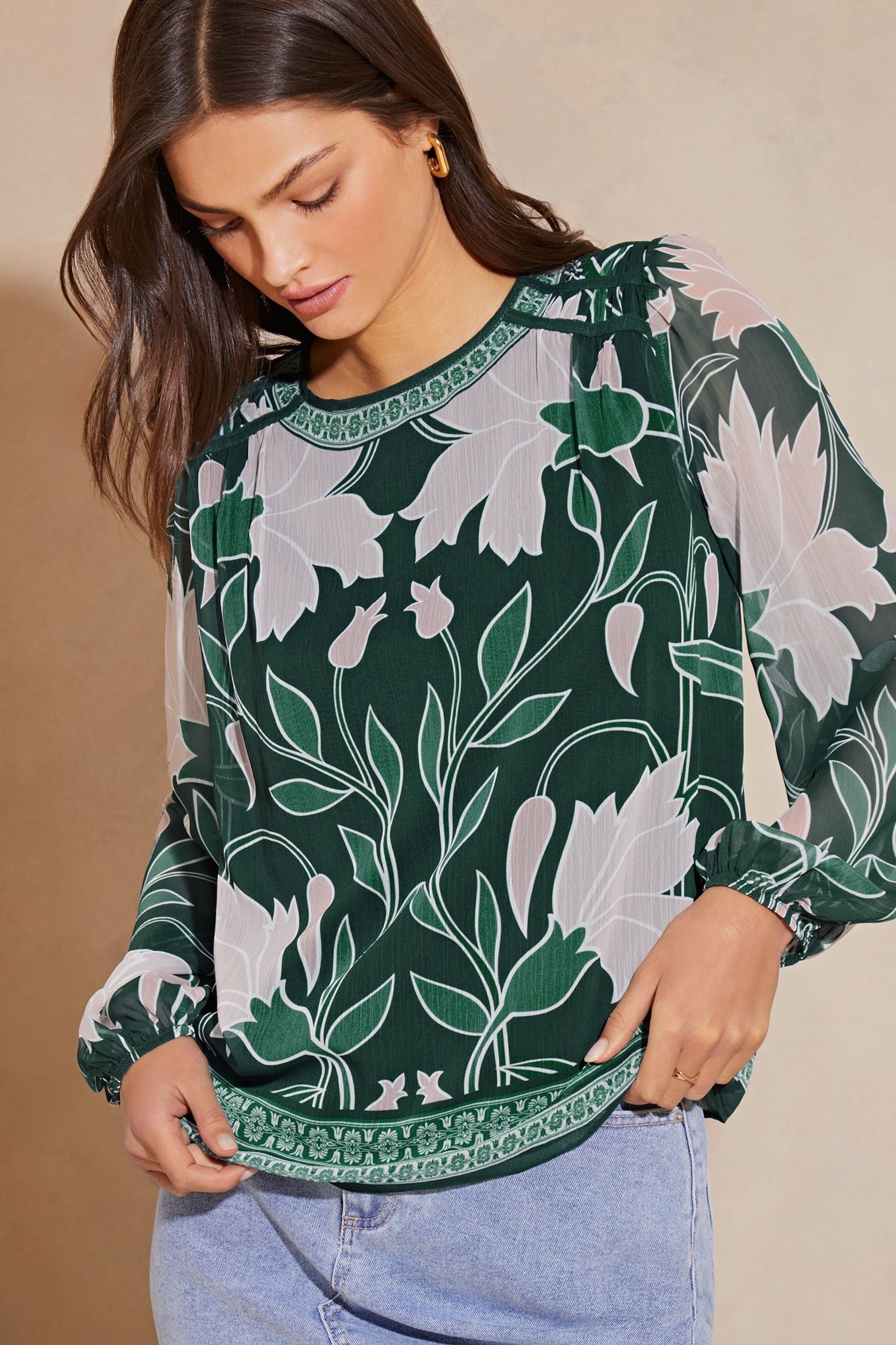 Lipsy Green Round Neck Printed Long Sleeve Blouse - Image 4 of 4