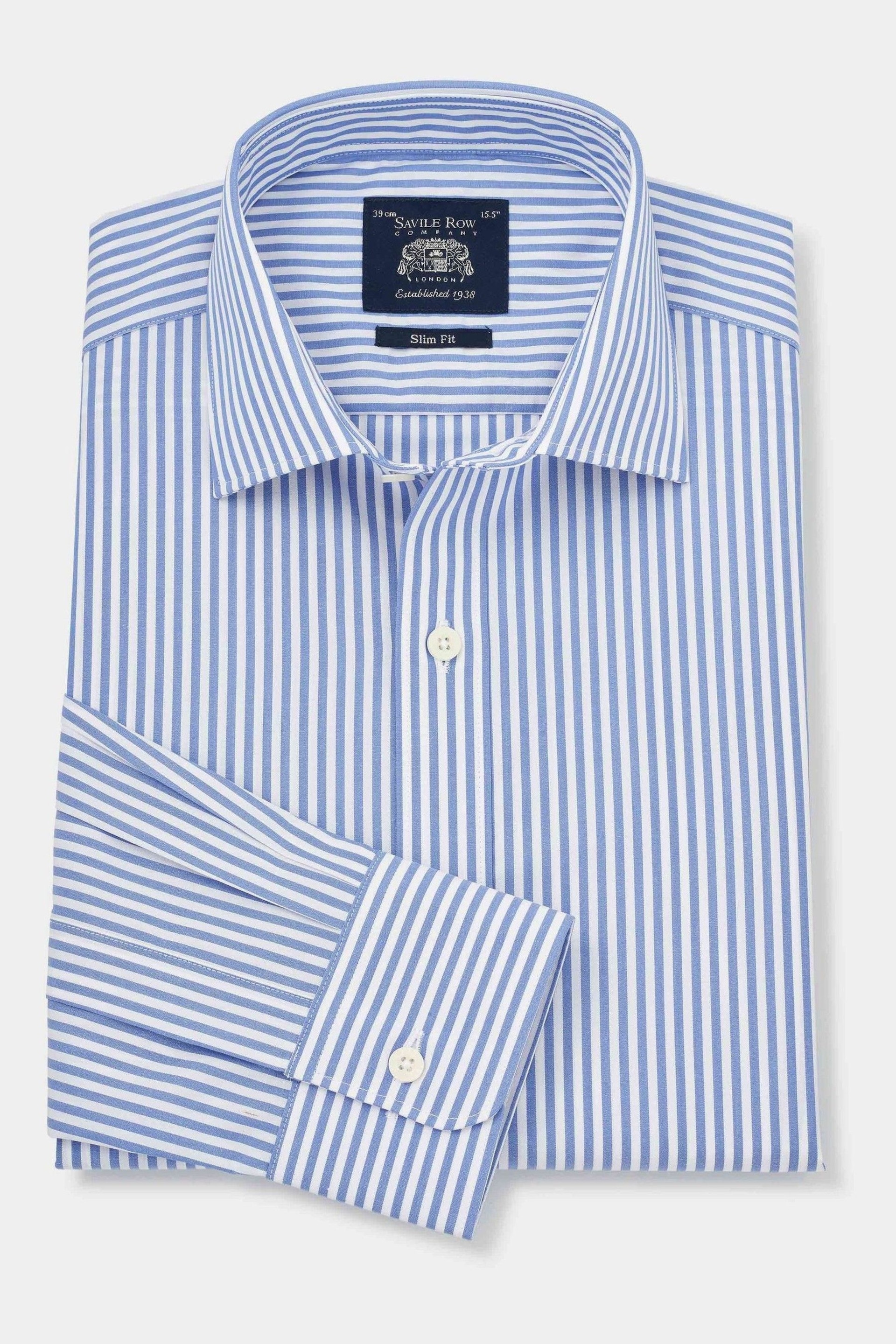Savile Row Company Blue Stripe Slim Fit Single Cuff Shirt - Image 3 of 5