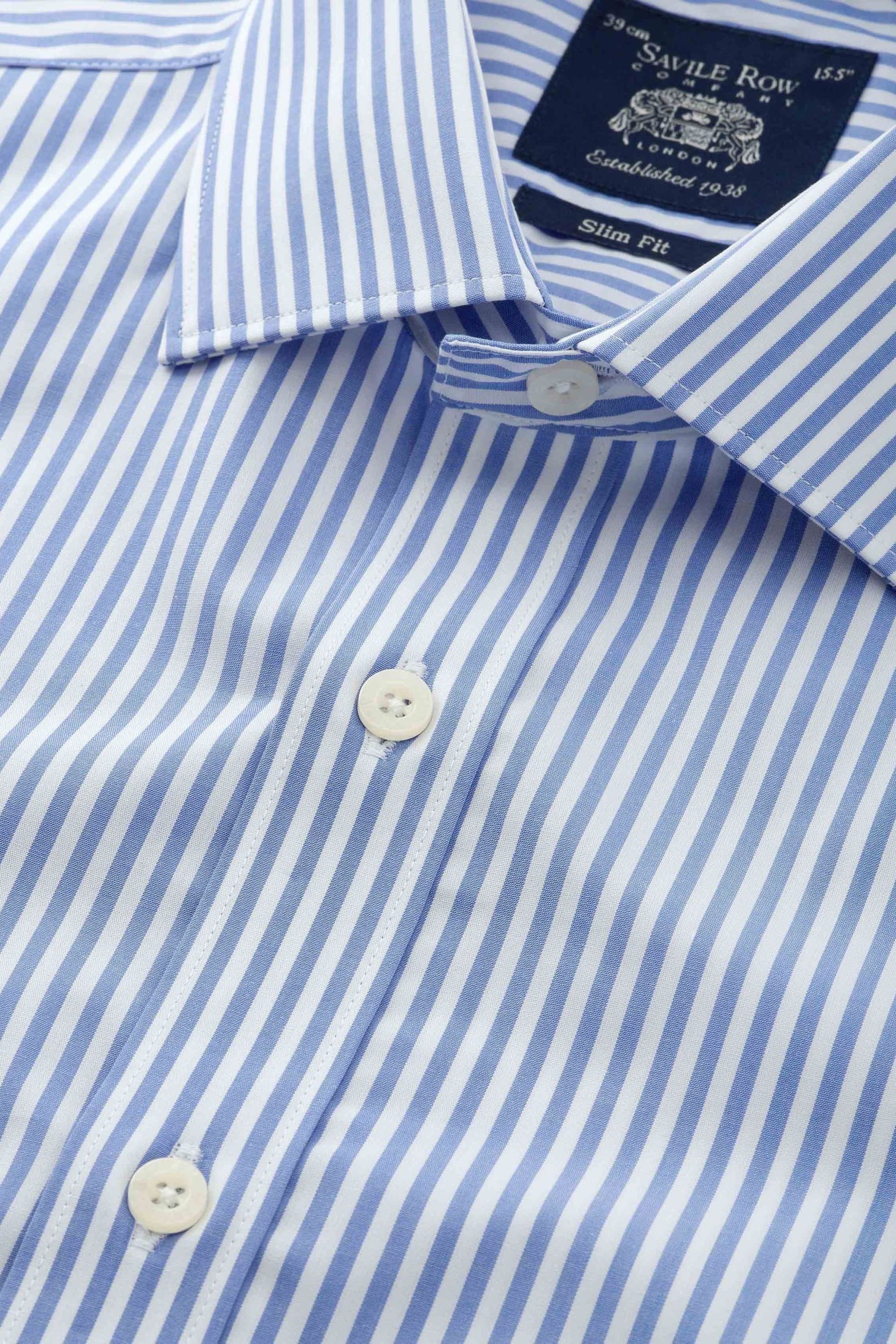 Savile Row Company Blue Stripe Slim Fit Single Cuff Shirt - Image 5 of 5