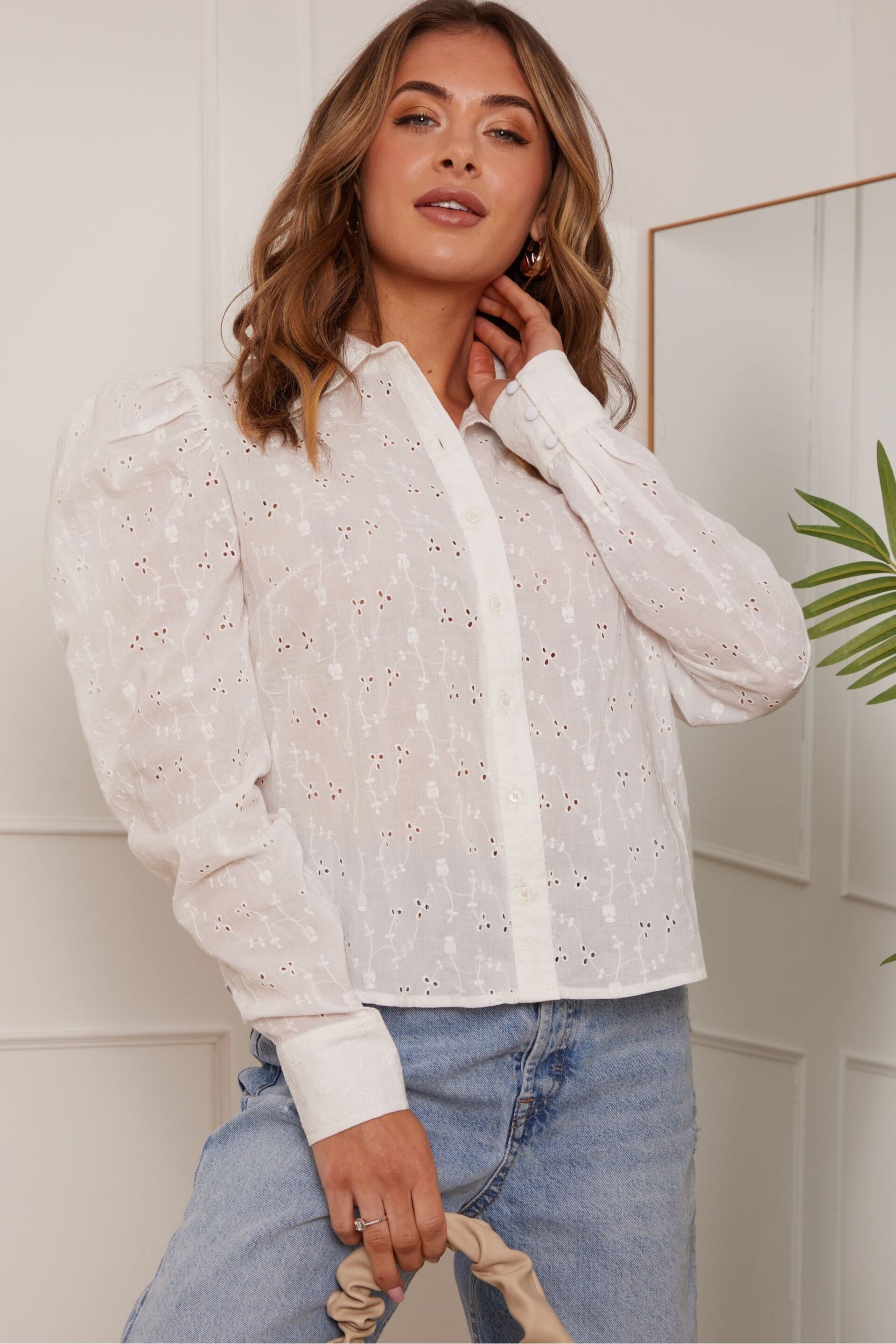 Chi Chi London White Broderie Anglais Puff Sleeve Shirt - Image 1 of 5