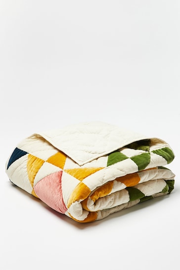 Oliver Bonas Multi Patchwork White Cotton Velvet Bedspread