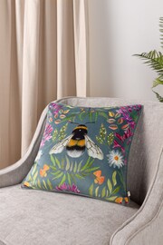 Wylder Nature Blue House Of Bloom Zinnia Bee Floral Velvet Piped Cushion - Image 1 of 6