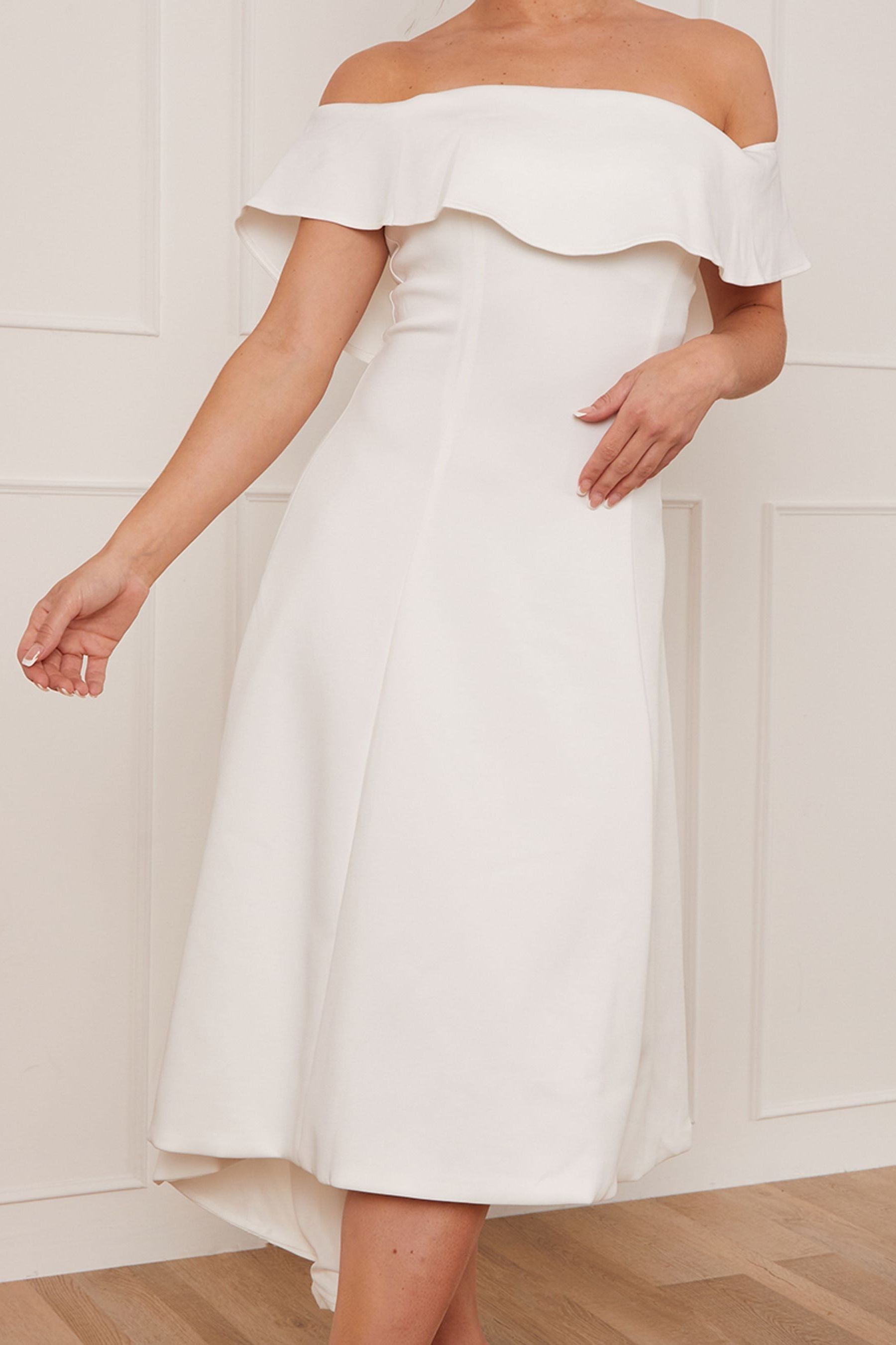 White bardot ruffle dress outlet