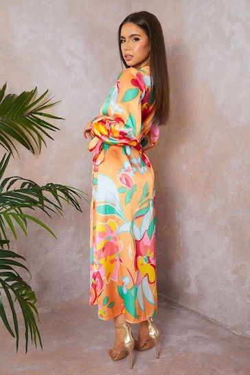 Chi Chi London Orange Long Sleeve Floral Wrap Shirt Dress