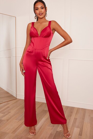 Chi Chi London Red Corset Style Jumpsuit