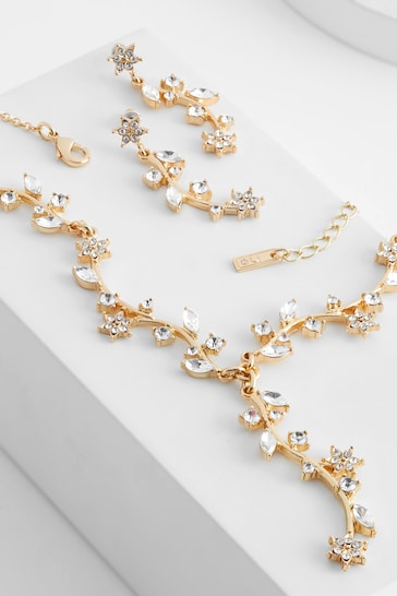 Gold Tone Sparkle Leaf Y Necklace and Drop Earrings Set