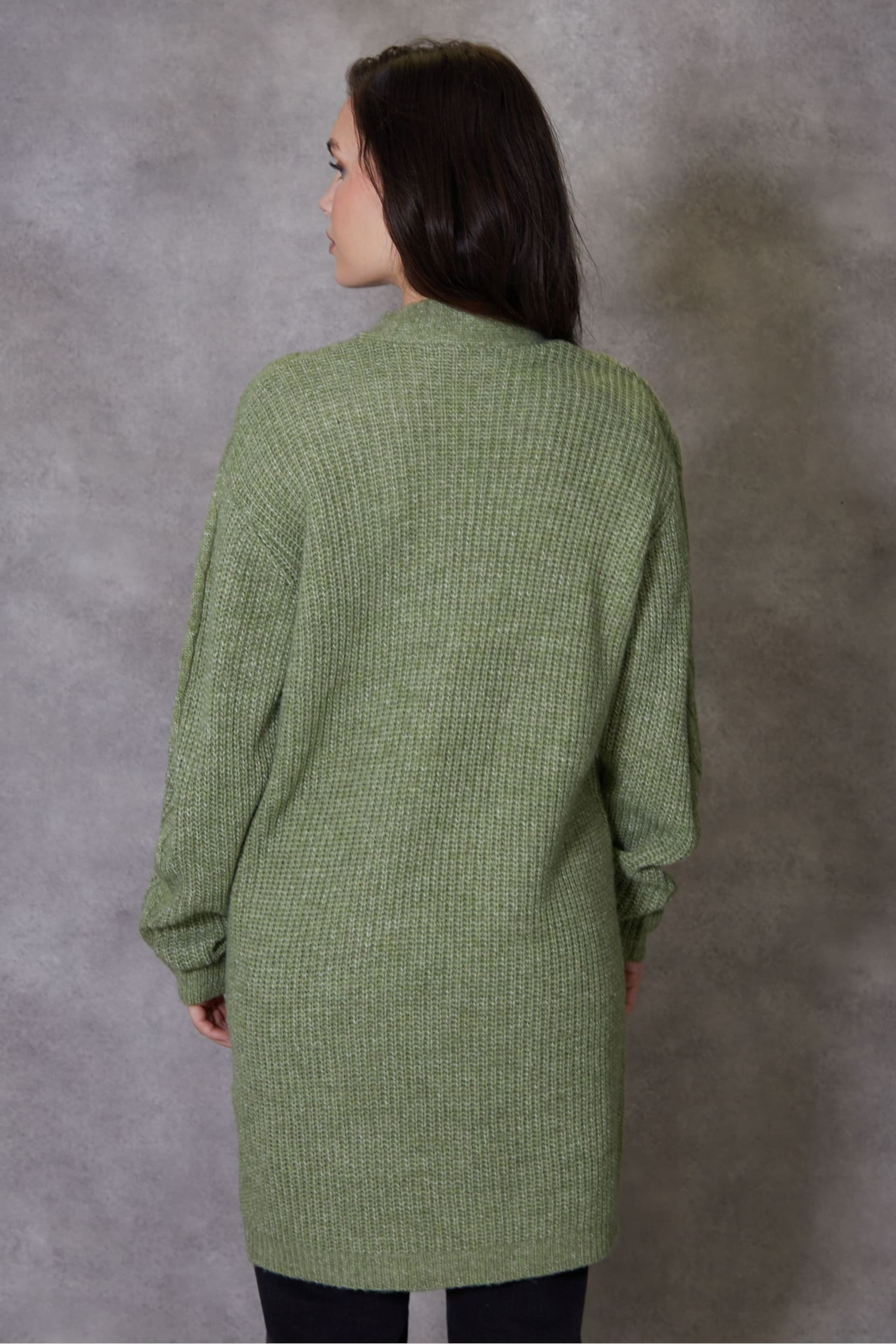 Threadbare Green Curve Cable Knit Cardigan - Image 2 of 4