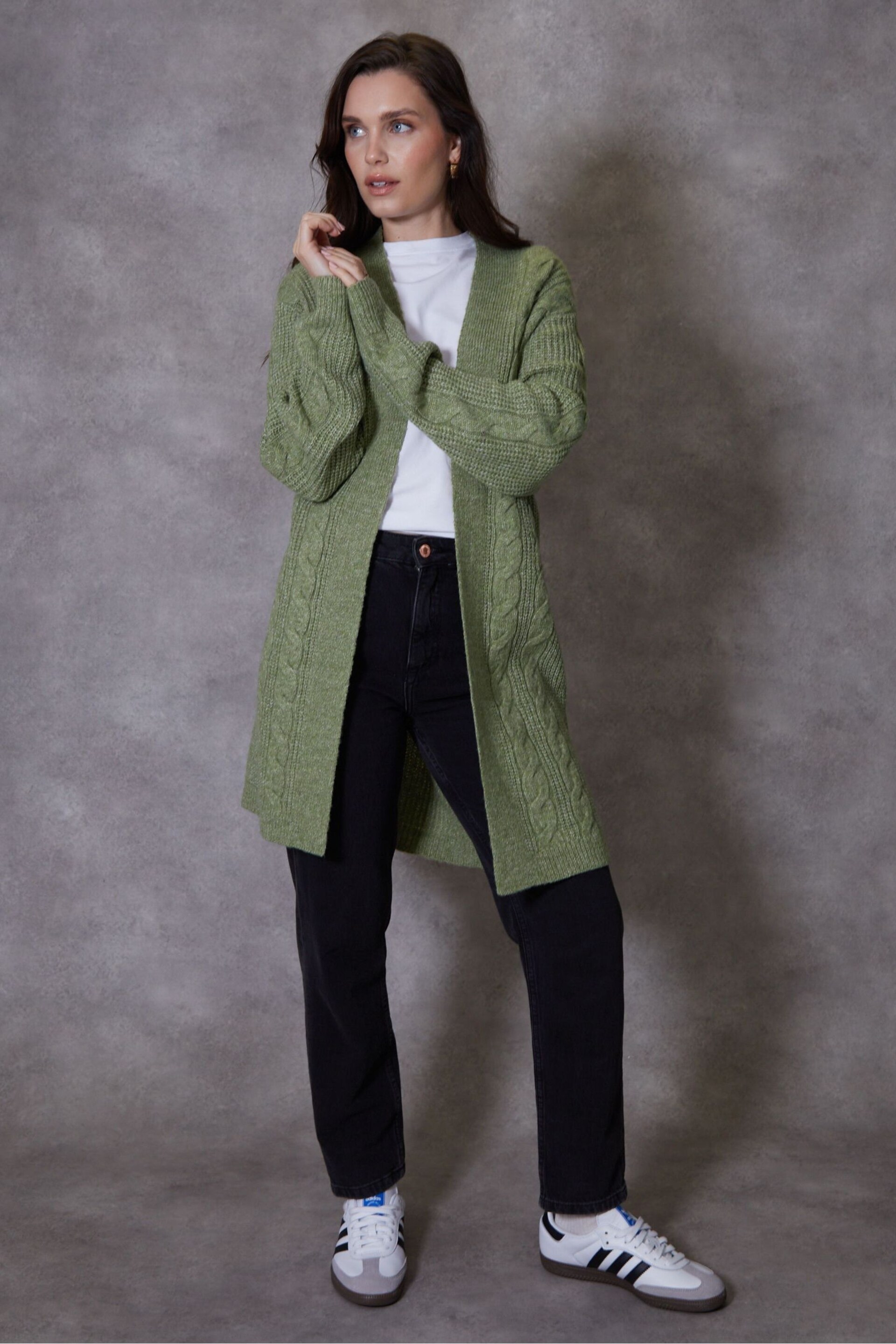 Threadbare Green Curve Cable Knit Cardigan - Image 3 of 4