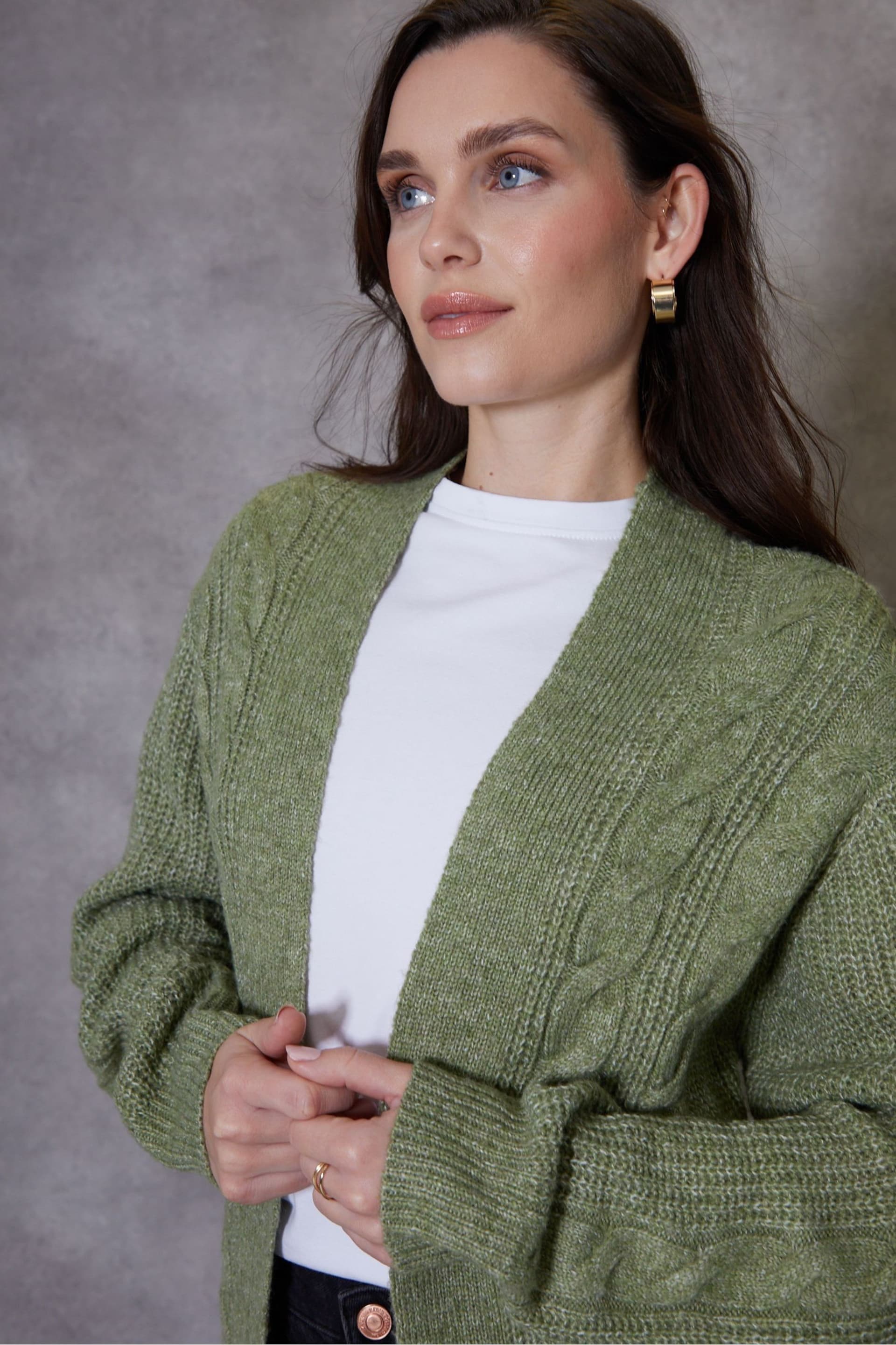 Threadbare Green Curve Cable Knit Cardigan - Image 4 of 4