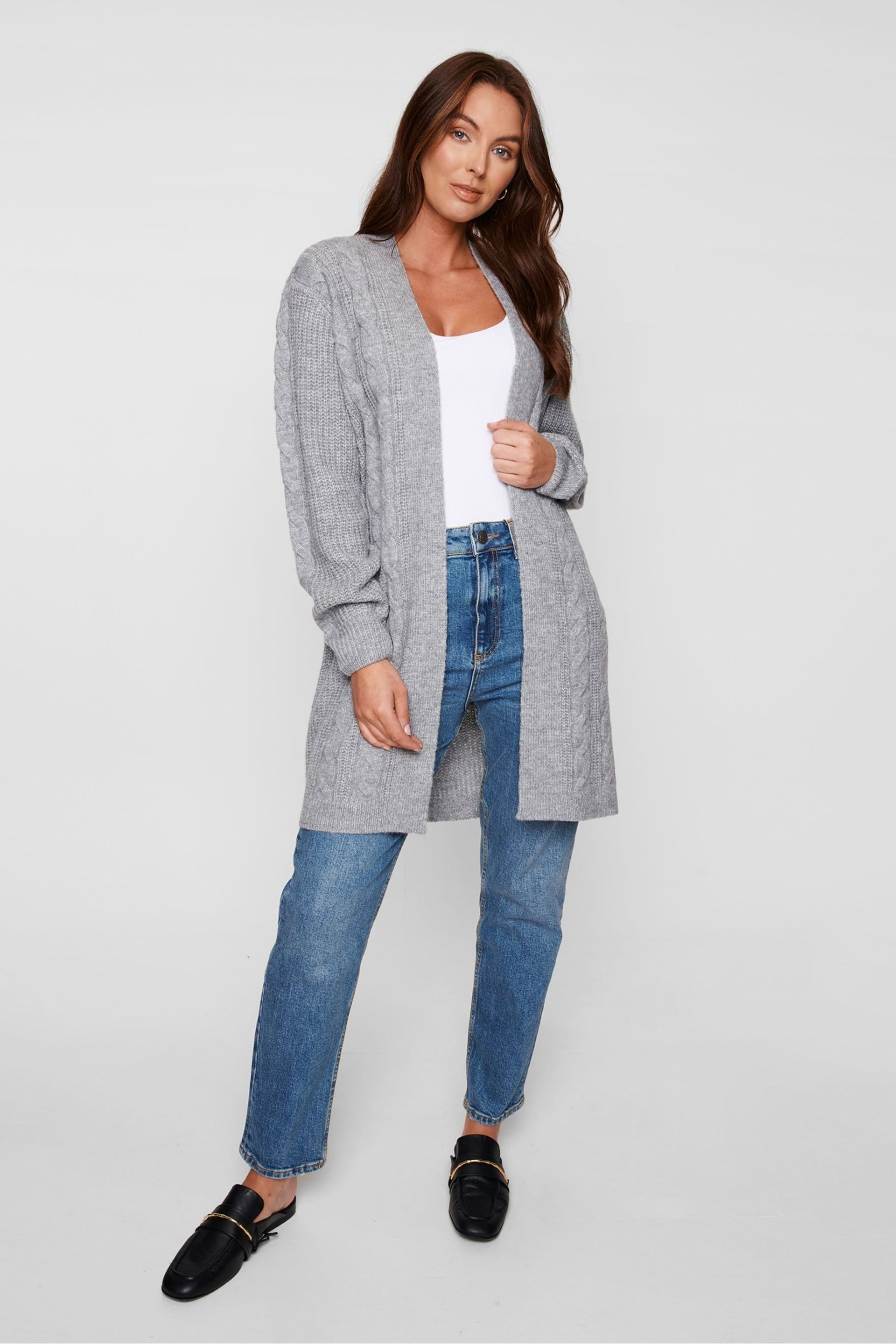 Threadbare Grey Curve Cable Knit Cardigan - Image 1 of 5