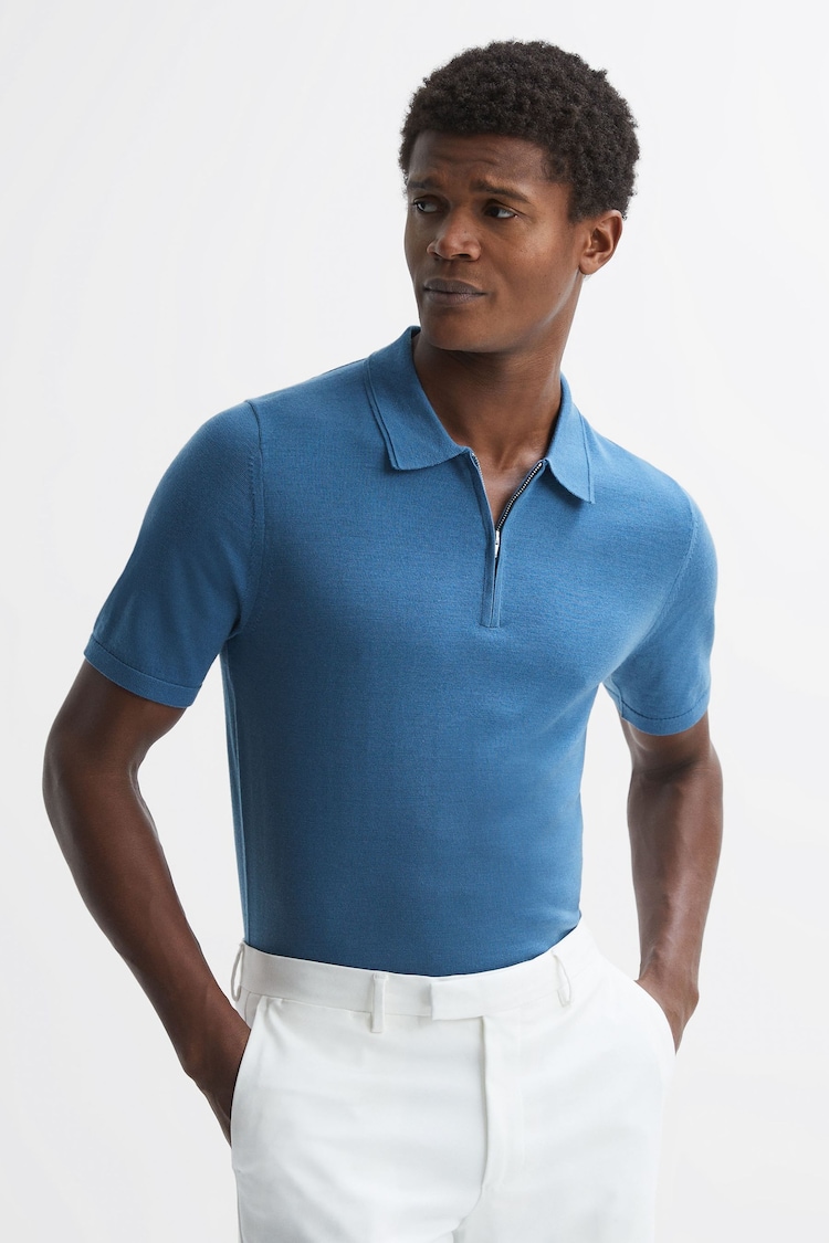 Reiss Marine Blue Maxwell Merino Wool Half-Zip Polo Shirt - Image 1 of 5