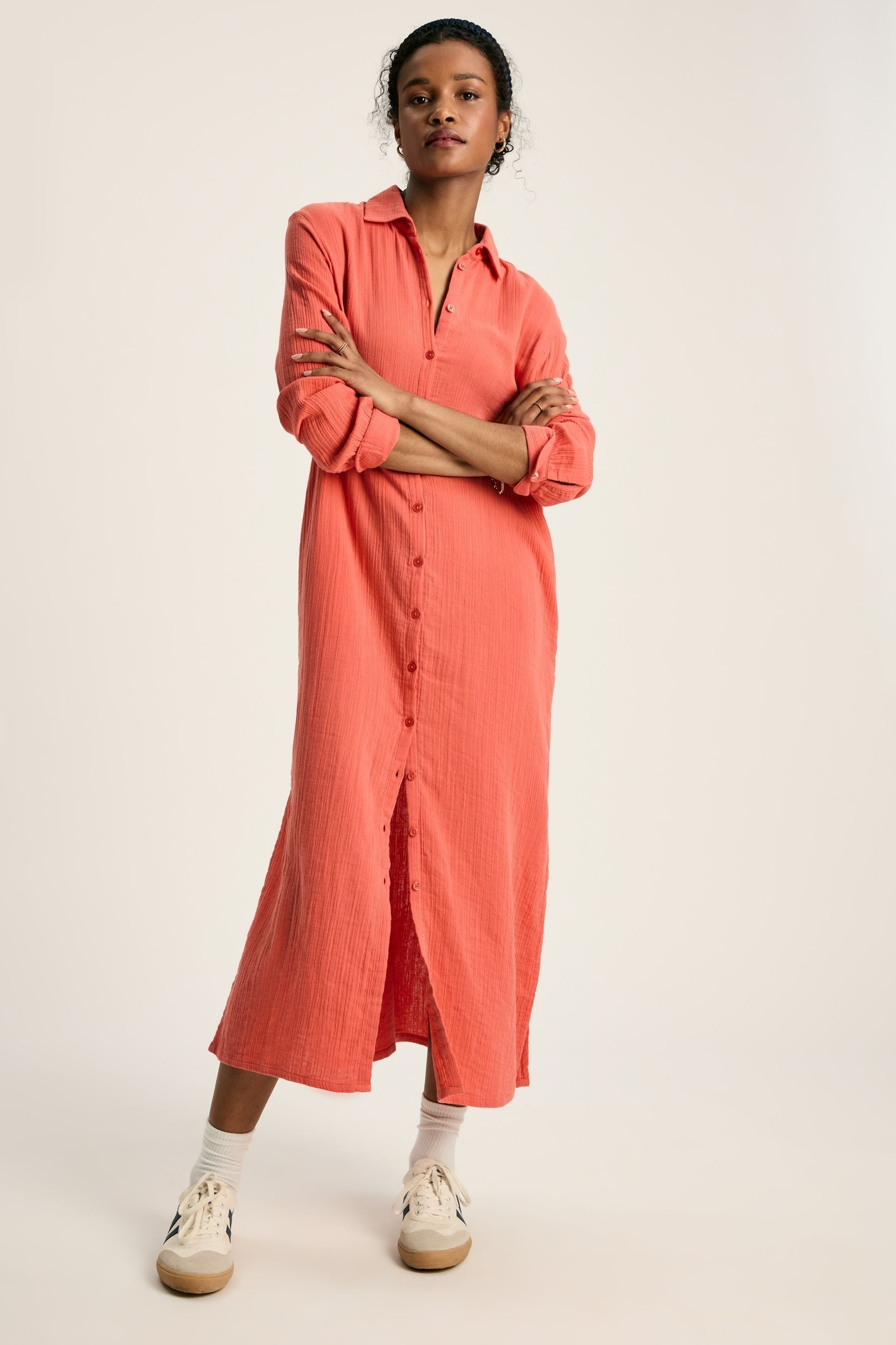 Buy Joules Erica Coral Pink Button Through Cotton Shirt Dress from Next Luxembourg