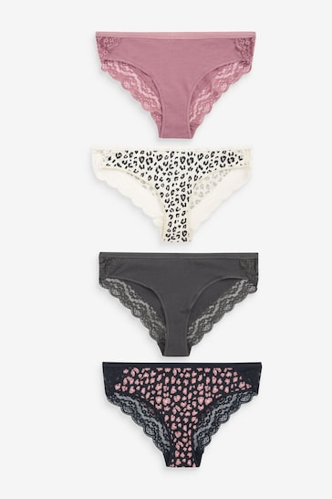Black/Grey/Cream/Pink Printed Bikini Cotton and Lace Knickers 4 Pack