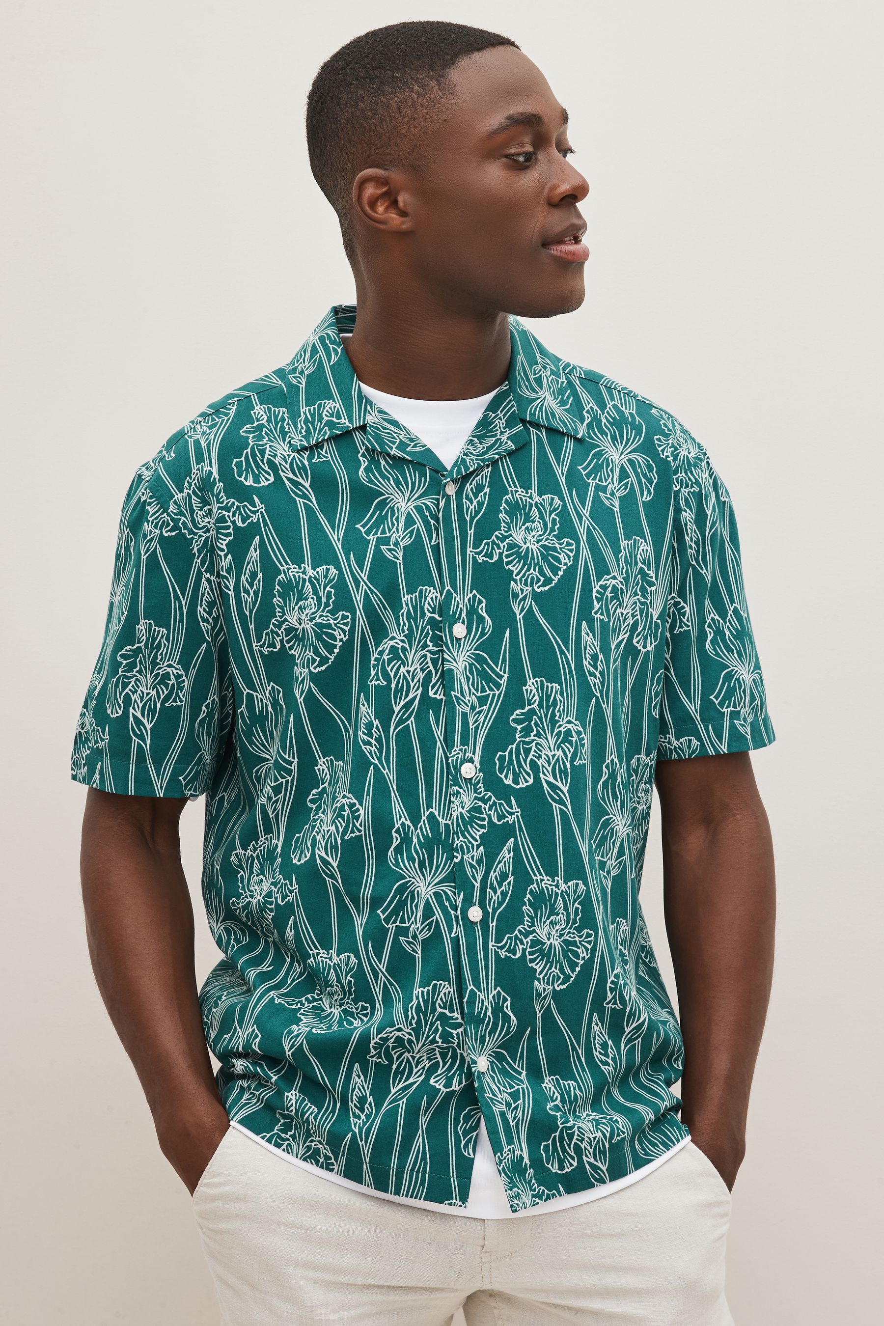 Buy Green Blue Floral Print Cuban Collar Short Sleeve Shirt from Next Luxembourg