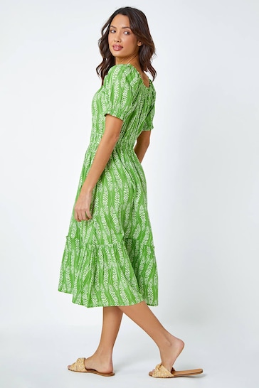 Roman Green Leaf Print Stretch Neck Midi Dress