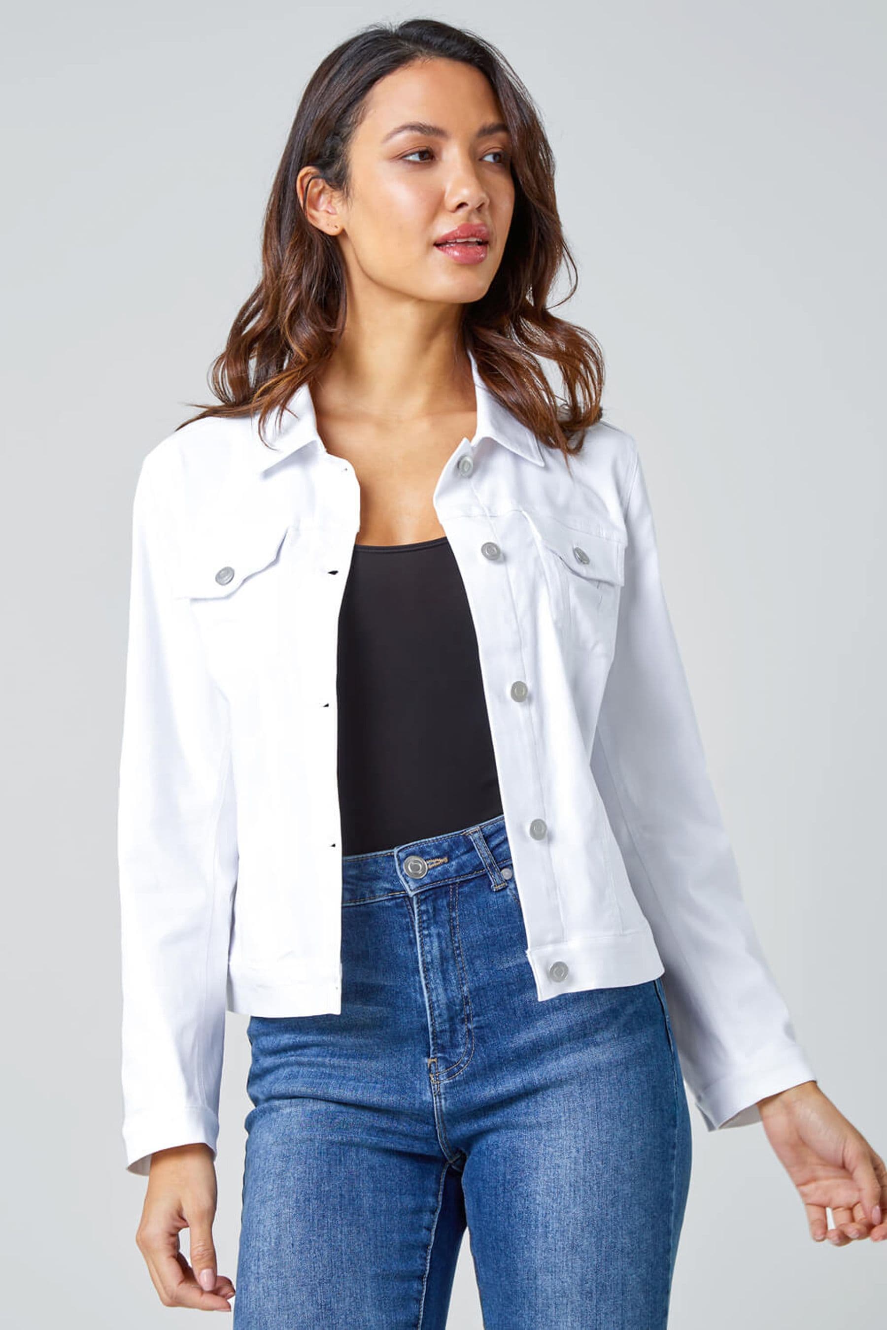White stretch jean jacket sale